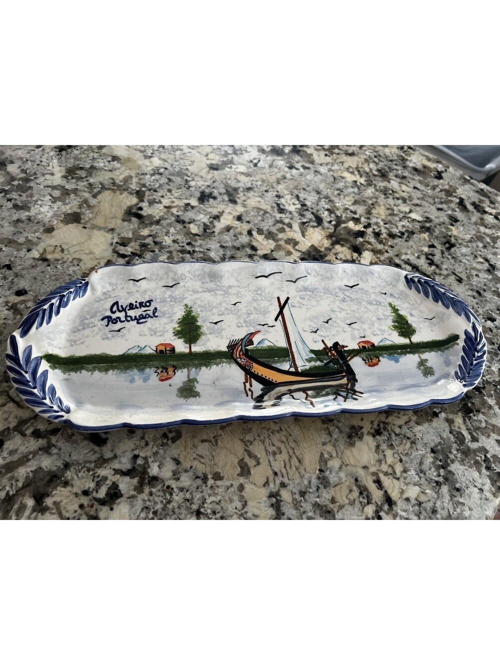 Unique Hand Painted Portuguese Fishing Boat Ceramic Oblong Serving Platter